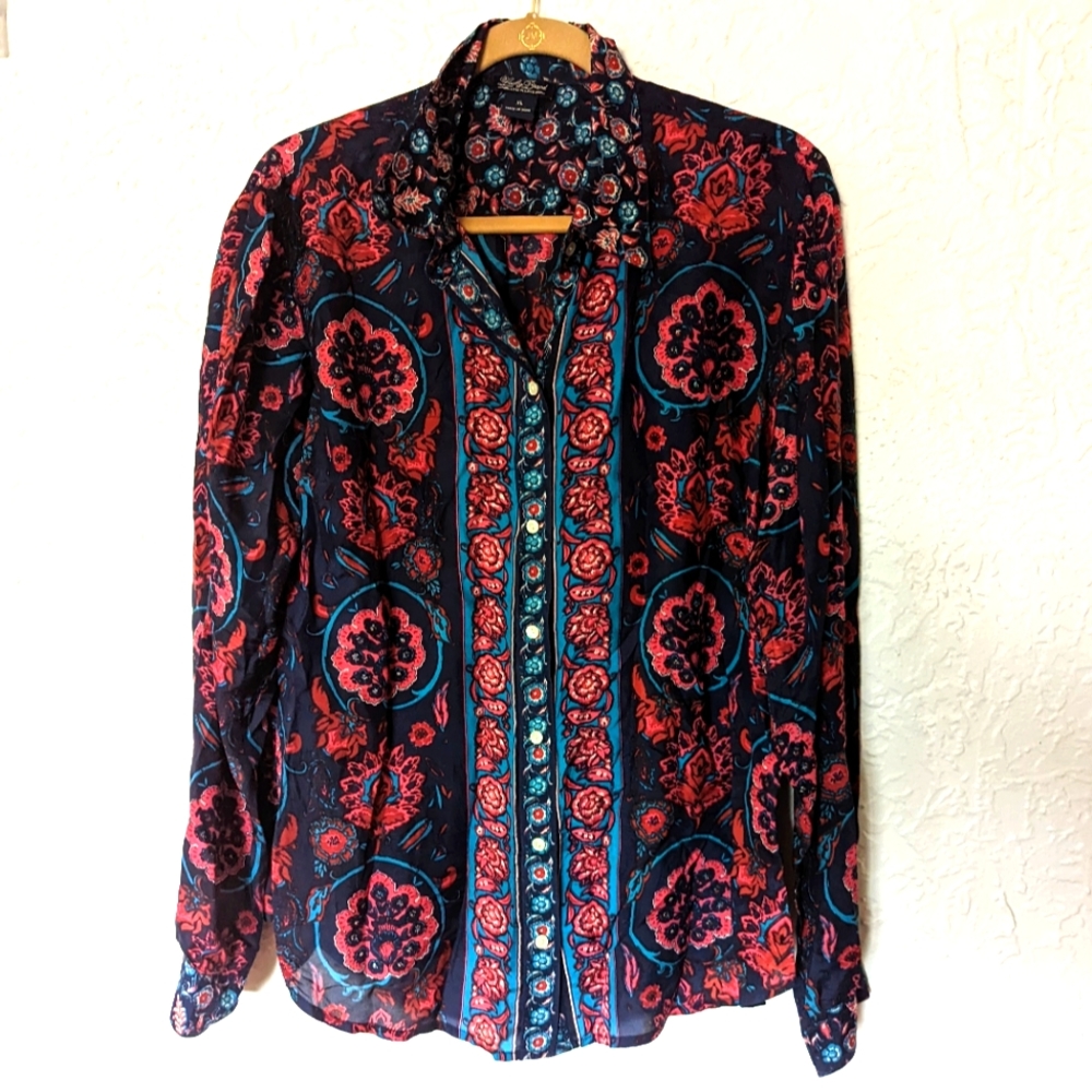 Lucky Brand Silk Boho Western Psychedelic Floral Button Up Shirt